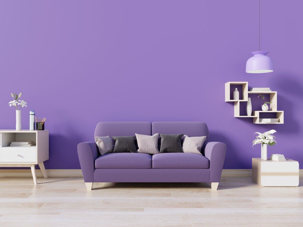 living room with purple wall