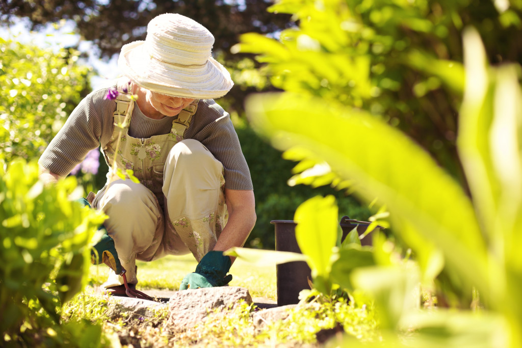Senior woman with gardening tool working in her backyard garden