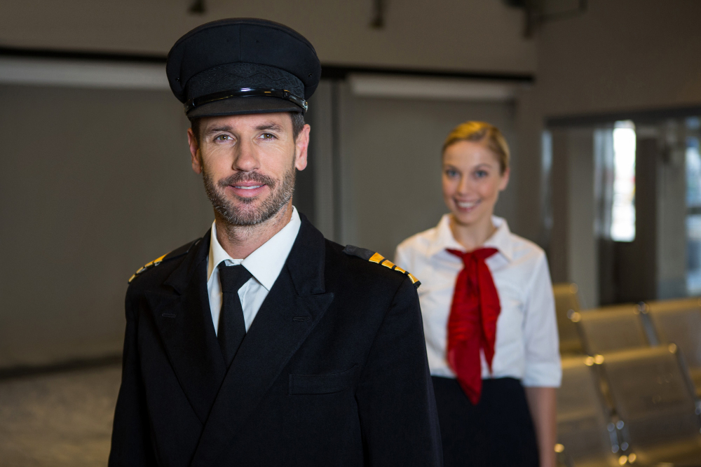 Happy pilot and Air hostess standing in the airport terminal